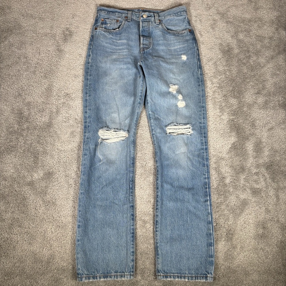 Levis Premium 501 Jeans Womens 28x30 Original Fit Light Blue Denim Distressed